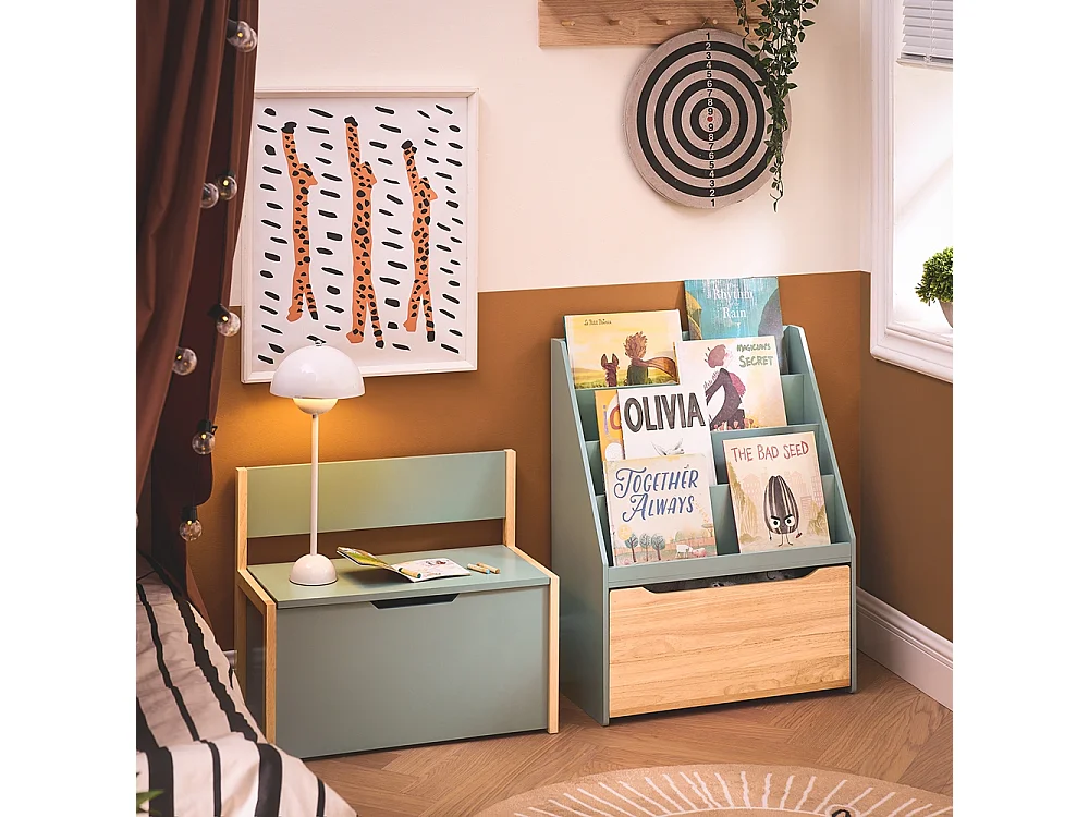 SoBuy KMB95-GR Étagère à Livres pour Enfant, Bibliothèque à roulettes pour Chambre d'enfant, 4 Compartiments et 1 Tiroir à roulettes