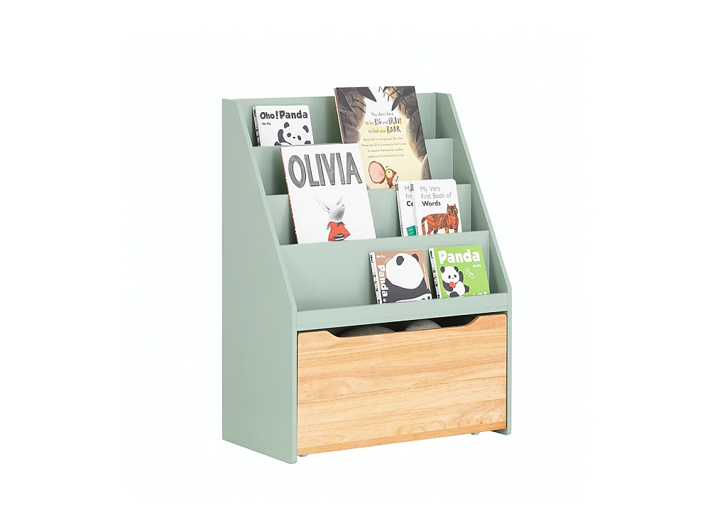 SoBuy KMB95-GR Étagère à Livres pour Enfant, Bibliothèque à roulettes pour Chambre d'enfant, 4 Compartiments et 1 Tiroir à roulettes