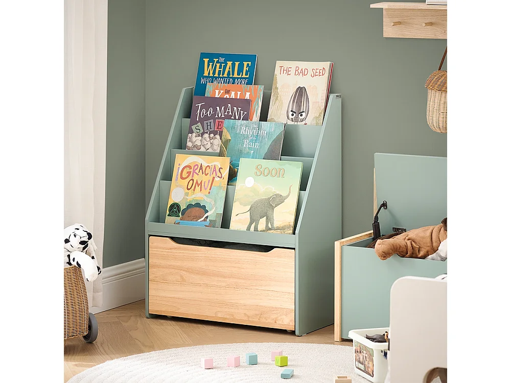 SoBuy KMB95-GR Étagère à Livres pour Enfant, Bibliothèque à roulettes pour Chambre d'enfant, 4 Compartiments et 1 Tiroir à roulettes