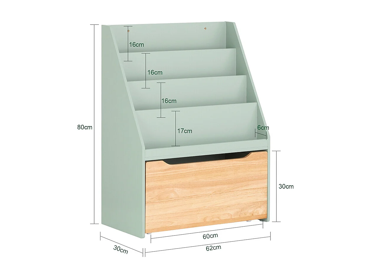 SoBuy KMB95-GR Étagère à Livres pour Enfant, Bibliothèque à roulettes pour Chambre d'enfant, 4 Compartiments et 1 Tiroir à roulettes