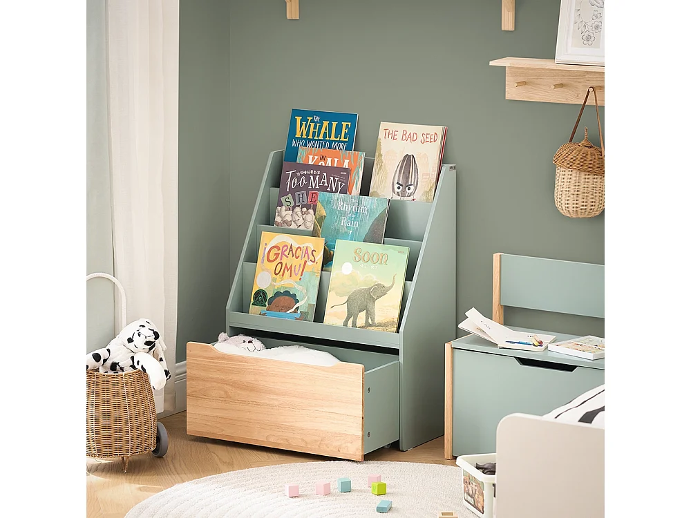 SoBuy KMB95-GR Étagère à Livres pour Enfant, Bibliothèque à roulettes pour Chambre d'enfant, 4 Compartiments et 1 Tiroir à roulettes