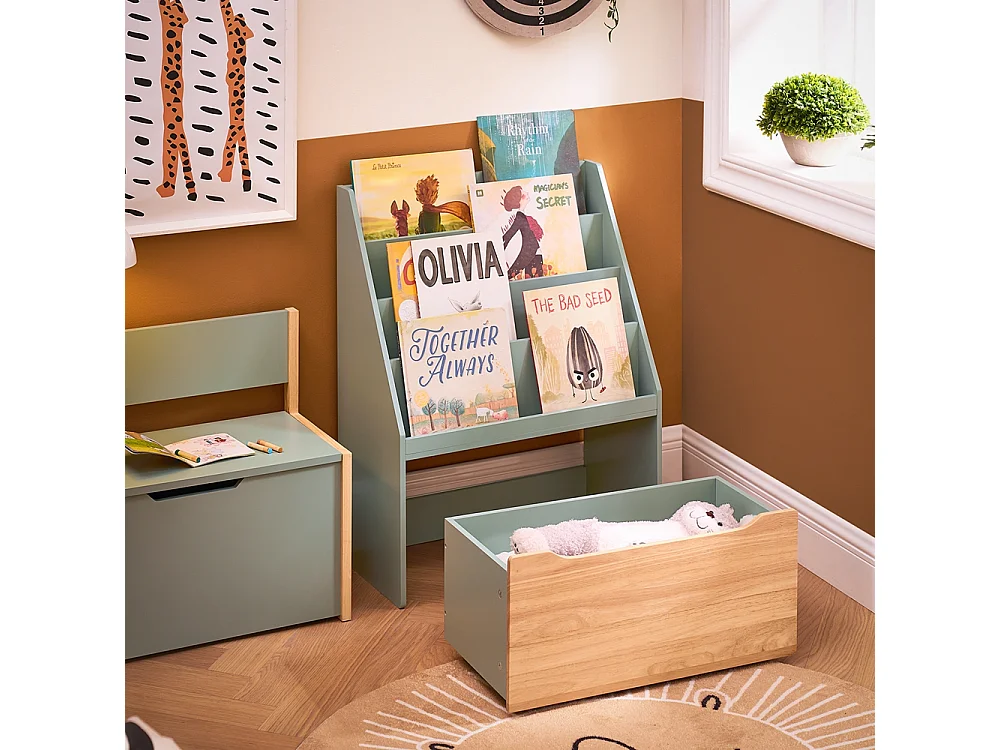 SoBuy KMB95-GR Étagère à Livres pour Enfant, Bibliothèque à roulettes pour Chambre d'enfant, 4 Compartiments et 1 Tiroir à roulettes