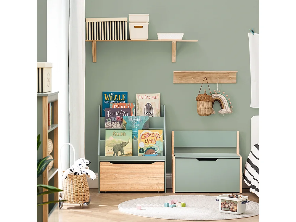 SoBuy KMB95-GR Étagère à Livres pour Enfant, Bibliothèque à roulettes pour Chambre d'enfant, 4 Compartiments et 1 Tiroir à roulettes