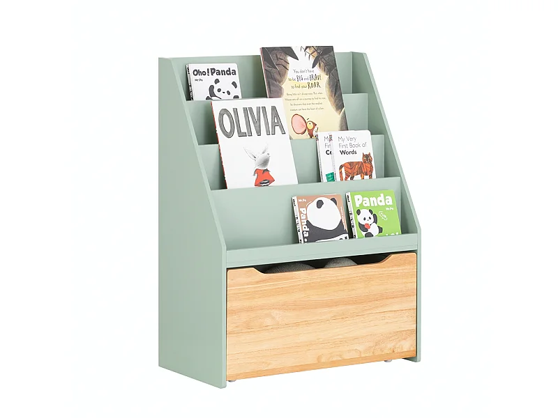 SoBuy Kinderboekenplank, boekenkast op wielen voor kinderslaapkamer, kinderopberger voor speelgoed en boeken, 4 vakken en 1 lade op wielen, 62 x 30 x 80 cm KMB95-GR
