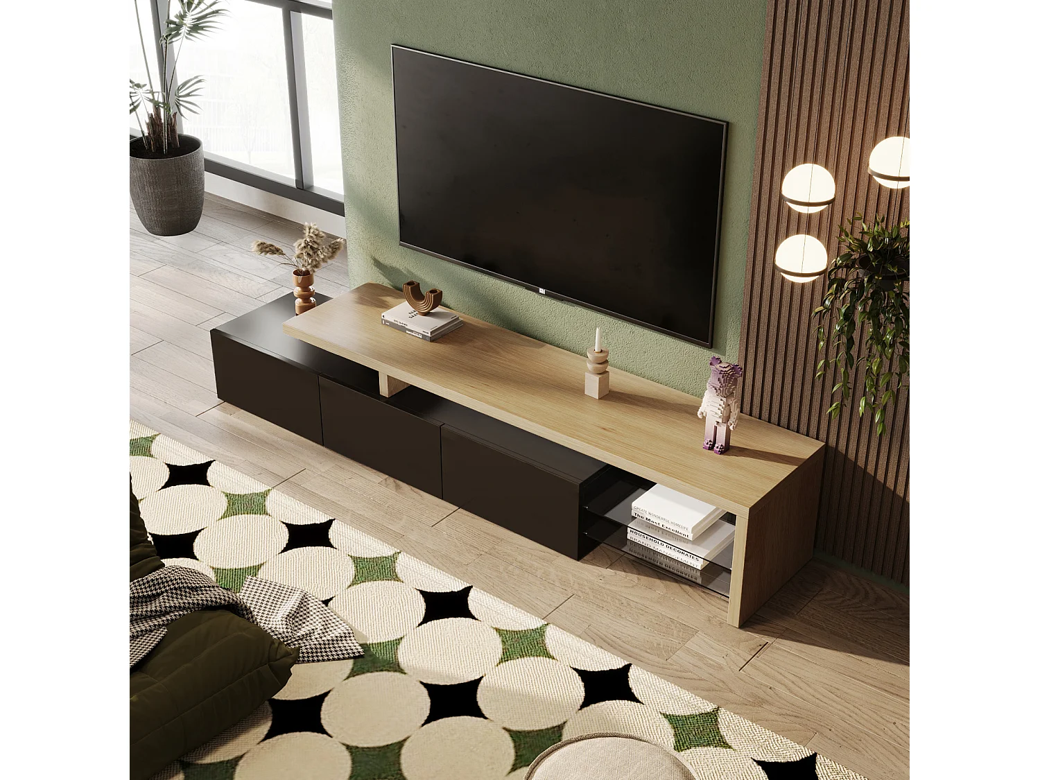 Todelt LED TV-bordsæt - TV-bænk 200 x 39 x 42 cm, RGB LED-belysning med justerbar farve - 60 kg lasteevne - Velegnet til stue eller soveværelse - Sort