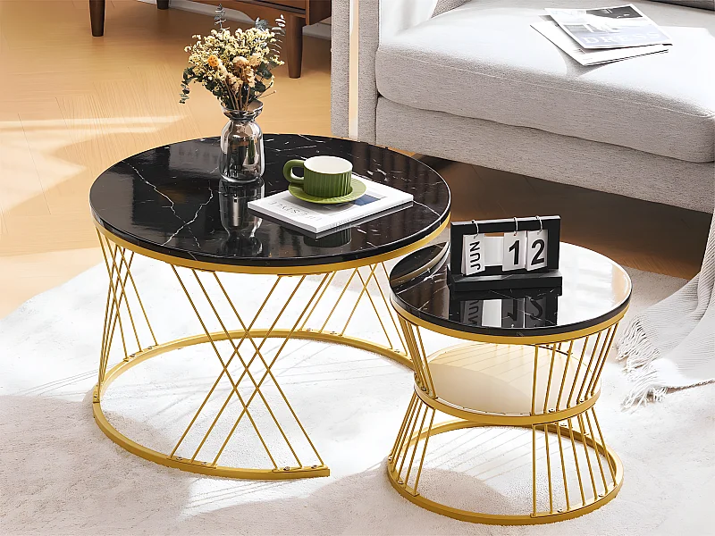 Lot de 2 Tables gigognes - placage à motif de marbre - structure dorée - Noir