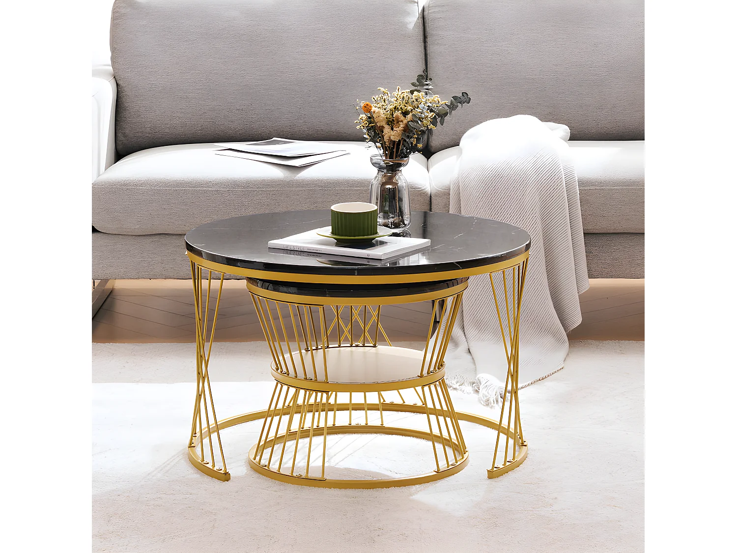 Lot de 2 Tables gigognes - placage à motif de marbre - structure dorée - Noir