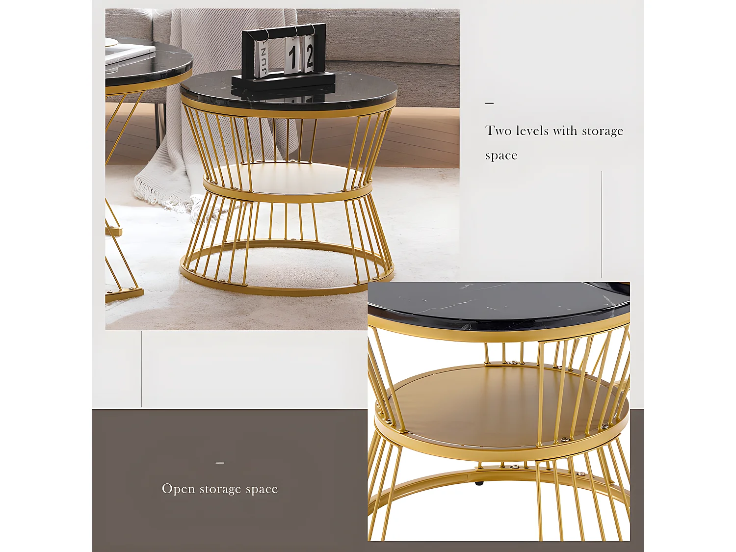 Lot de 2 Tables gigognes - placage à motif de marbre - structure dorée - Noir