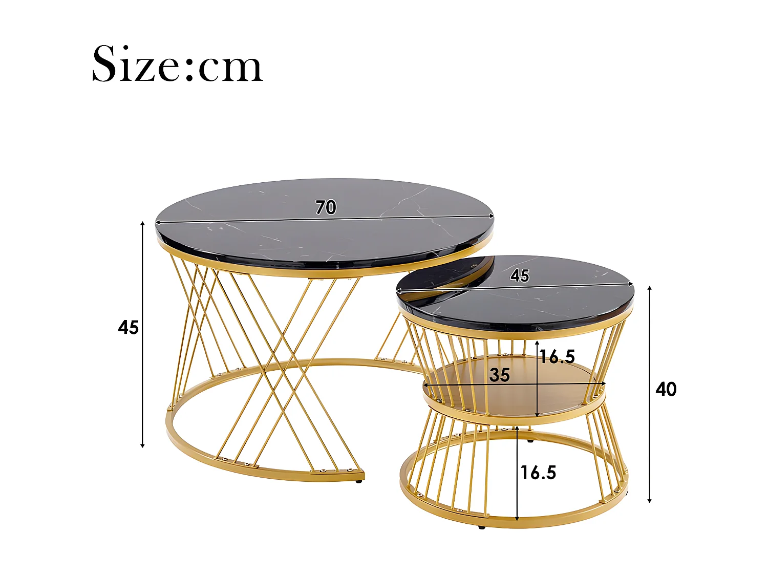 Lot de 2 Tables gigognes - placage à motif de marbre - structure dorée - Noir