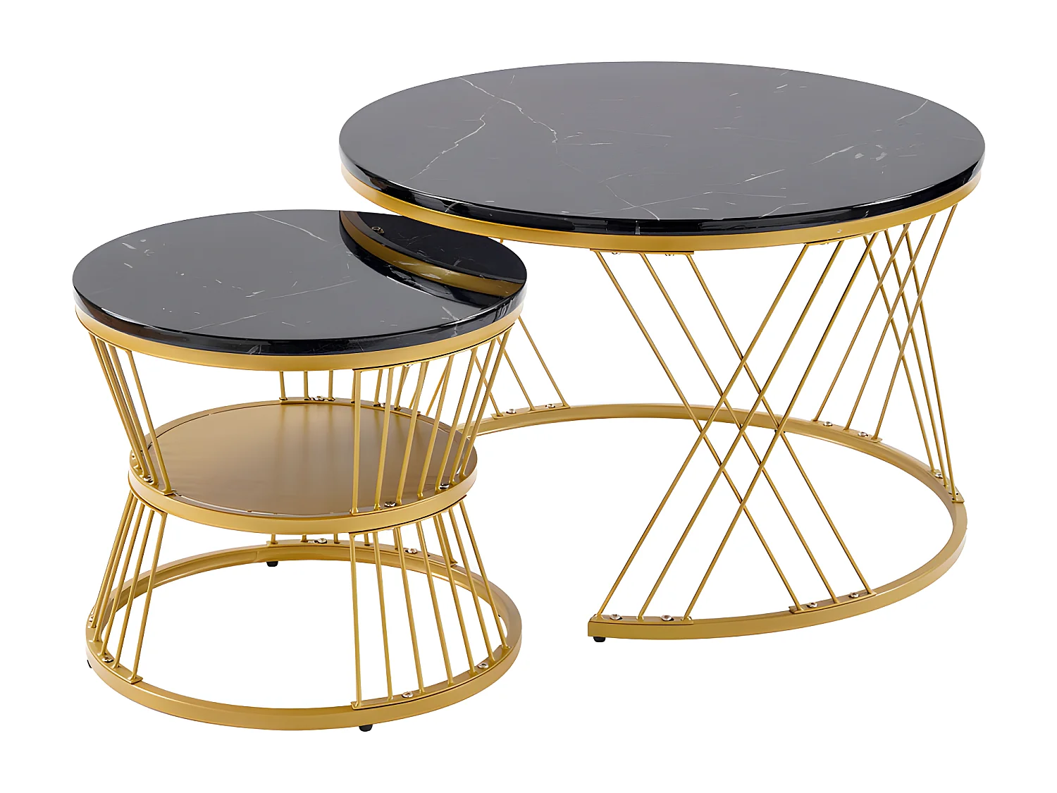 Lot de 2 Tables gigognes - placage à motif de marbre - structure dorée - Noir