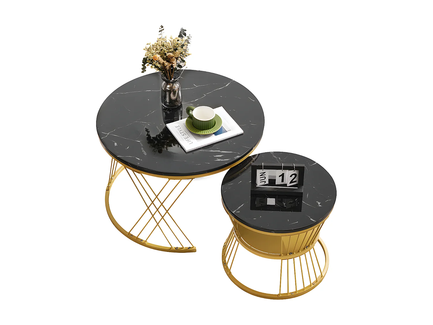 Lot de 2 Tables gigognes - placage à motif de marbre - structure dorée - Noir