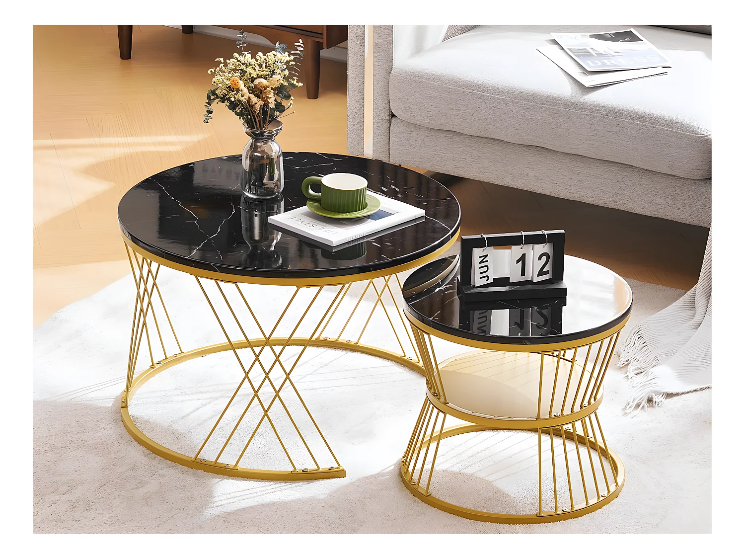 Lot de 2 Tables gigognes - placage à motif de marbre - structure dorée - Noir