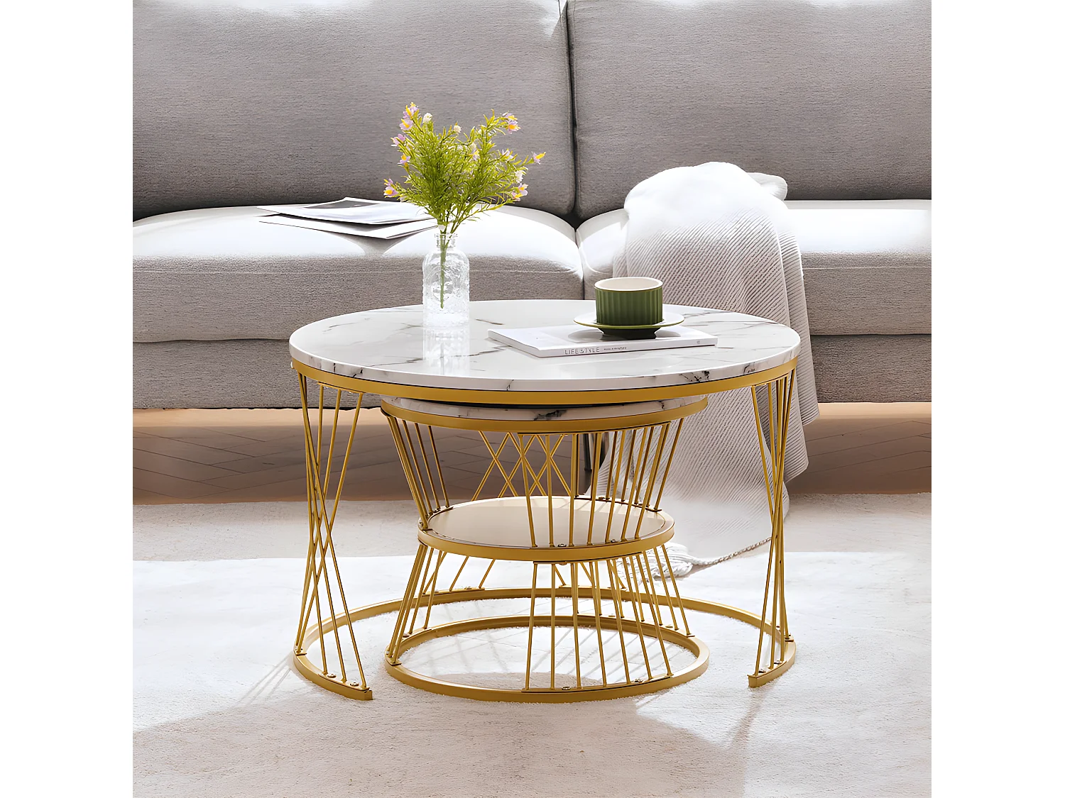 Lot de 2 Tables gigognes - placage à motif de marbre - structure dorée - Blanc