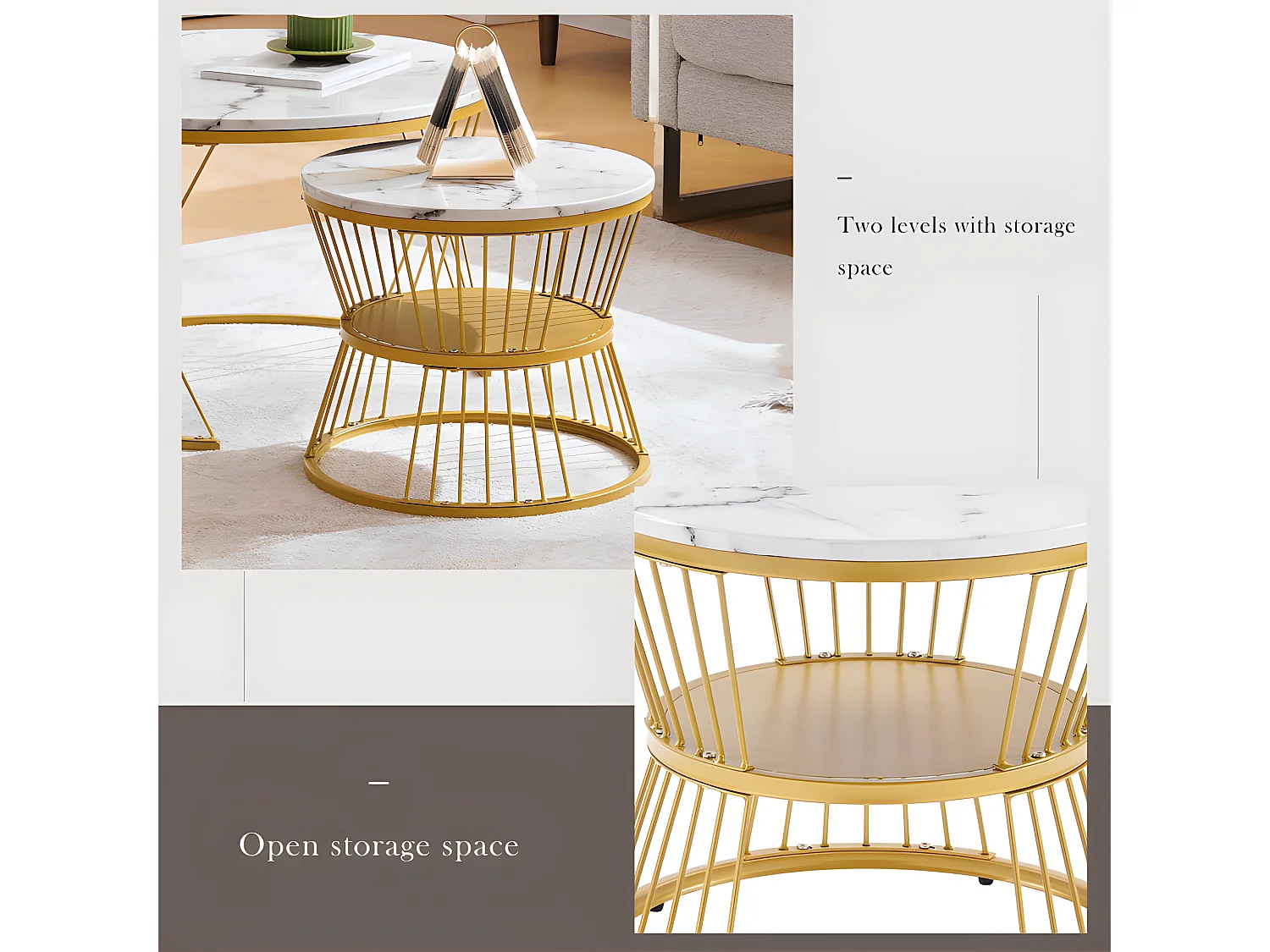 Lot de 2 Tables gigognes - placage à motif de marbre - structure dorée - Blanc