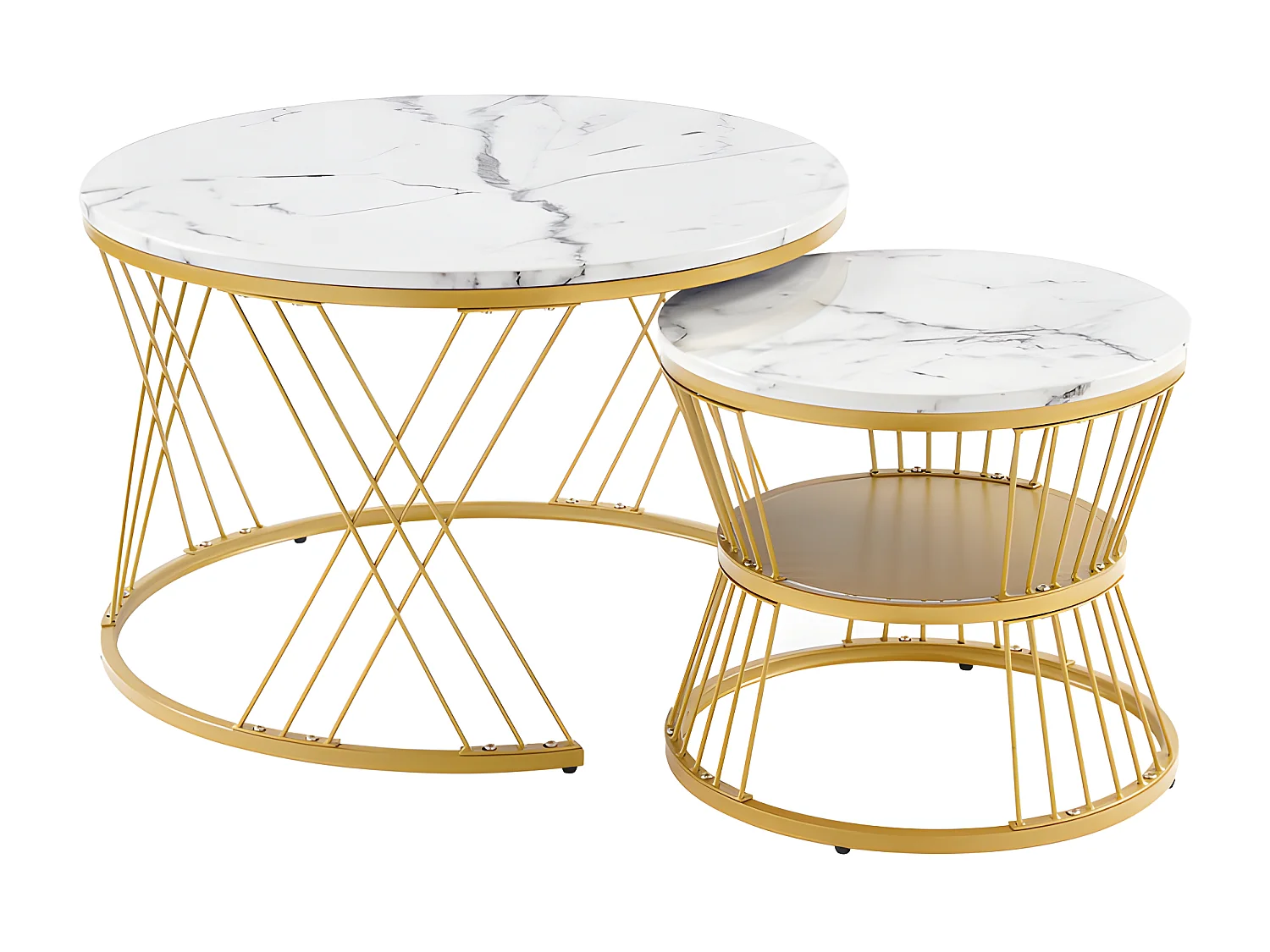 Lot de 2 Tables gigognes - placage à motif de marbre - structure dorée - Blanc