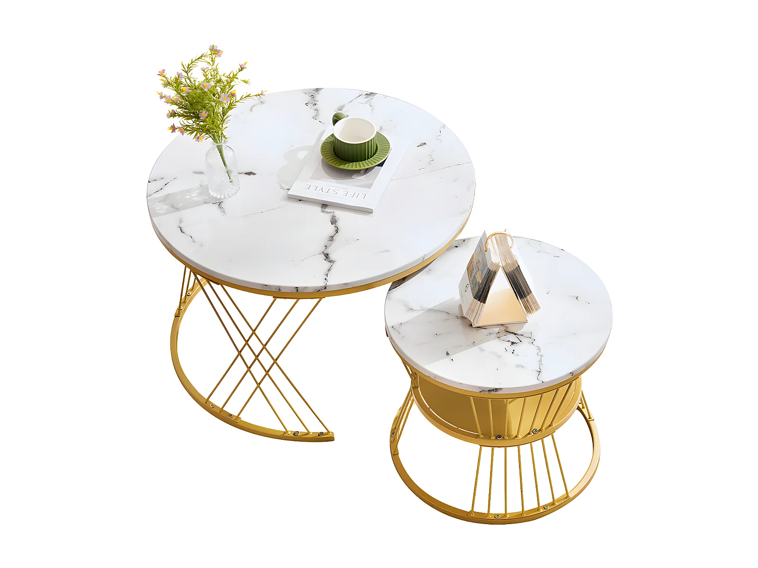 Lot de 2 Tables gigognes - placage à motif de marbre - structure dorée - Blanc