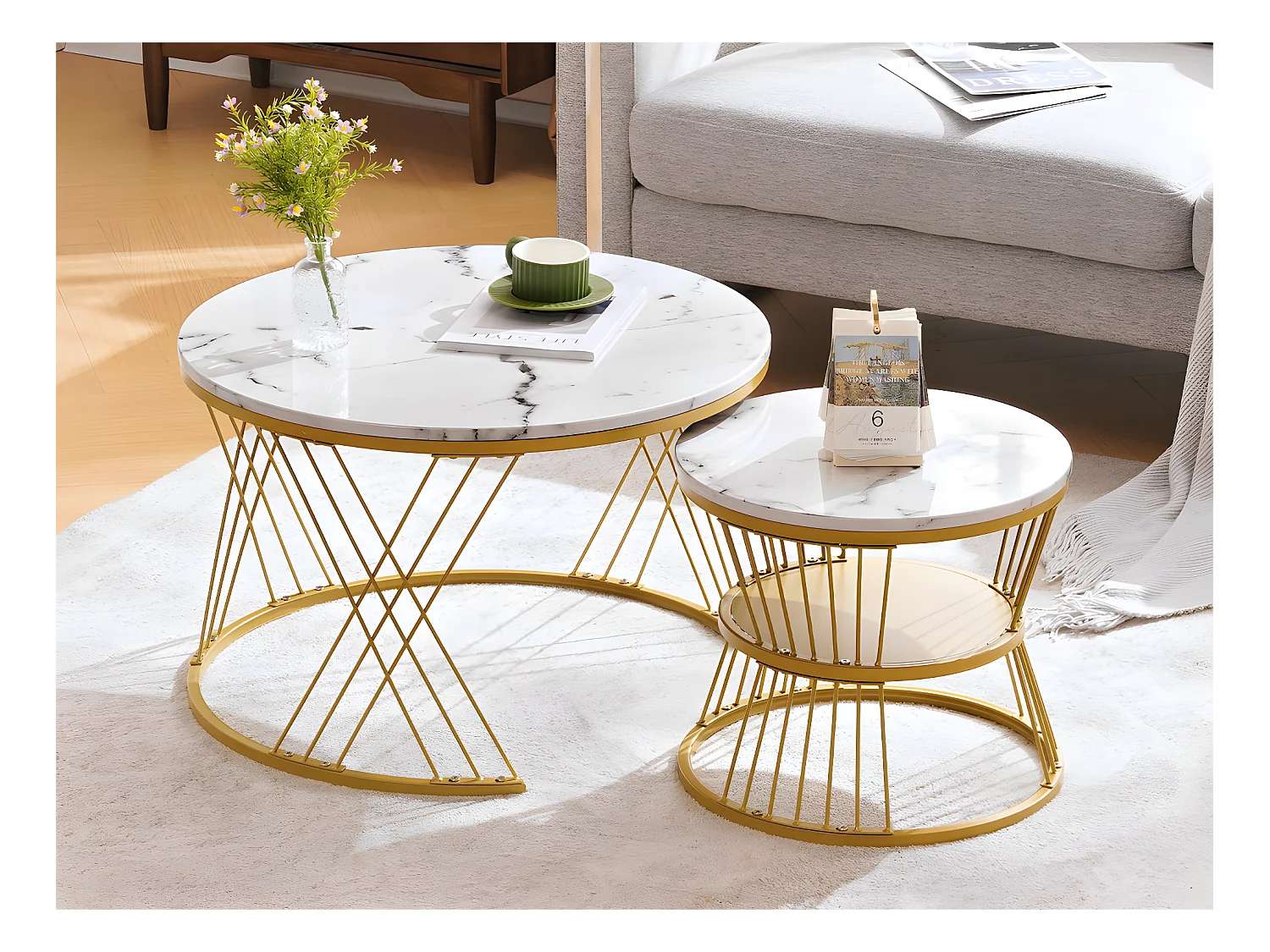 Lot de 2 Tables gigognes - placage à motif de marbre - structure dorée - Blanc
