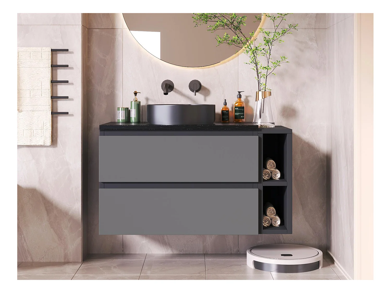 Hängender Badezimmerschrank mit Keramikwaschbecken und 2 Schubladen – Marmorplatten – Schwarz (Wasserhahn nicht im Lieferumfang enthalten)
