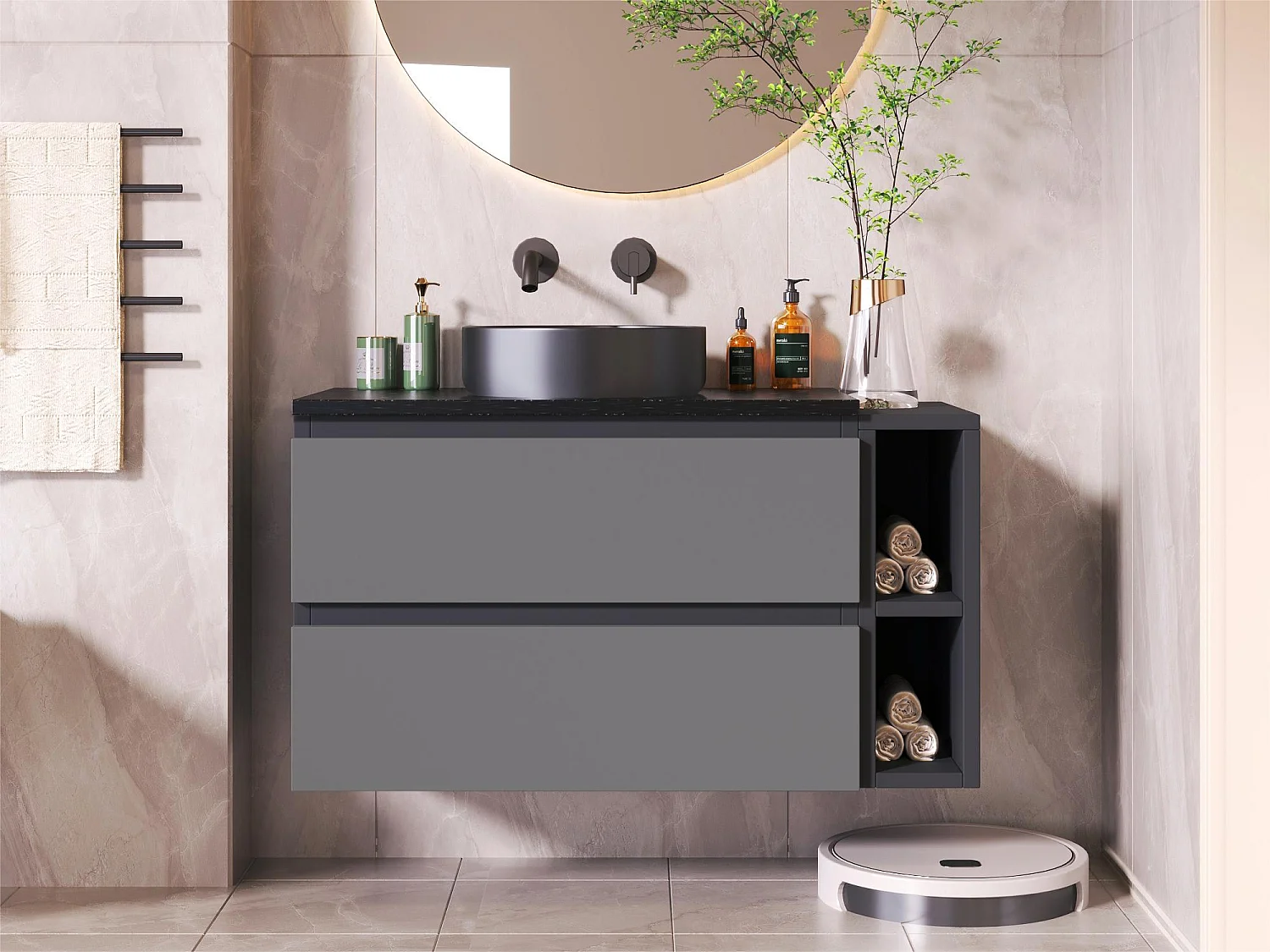 Mobile bagno sospeso con lavabo in ceramica e 2 cassetti - piani in marmo - Nero (rubinetto non incluso)
