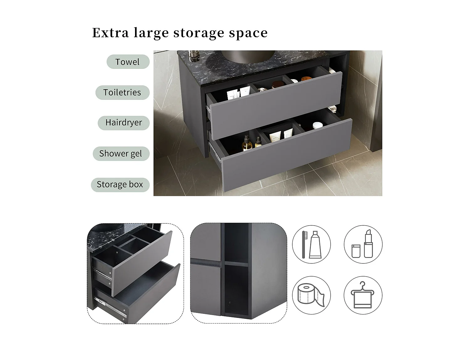 Mobile bagno sospeso con lavabo in ceramica e 2 cassetti - piani in marmo - Nero (rubinetto non incluso)