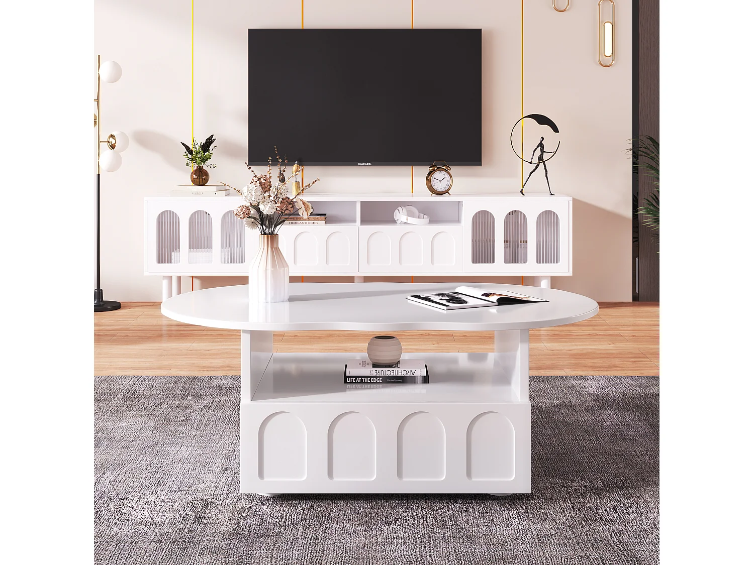 Table basse avec tiroirs et compartiment ouvert - plateau en forme de nuage - Blanc