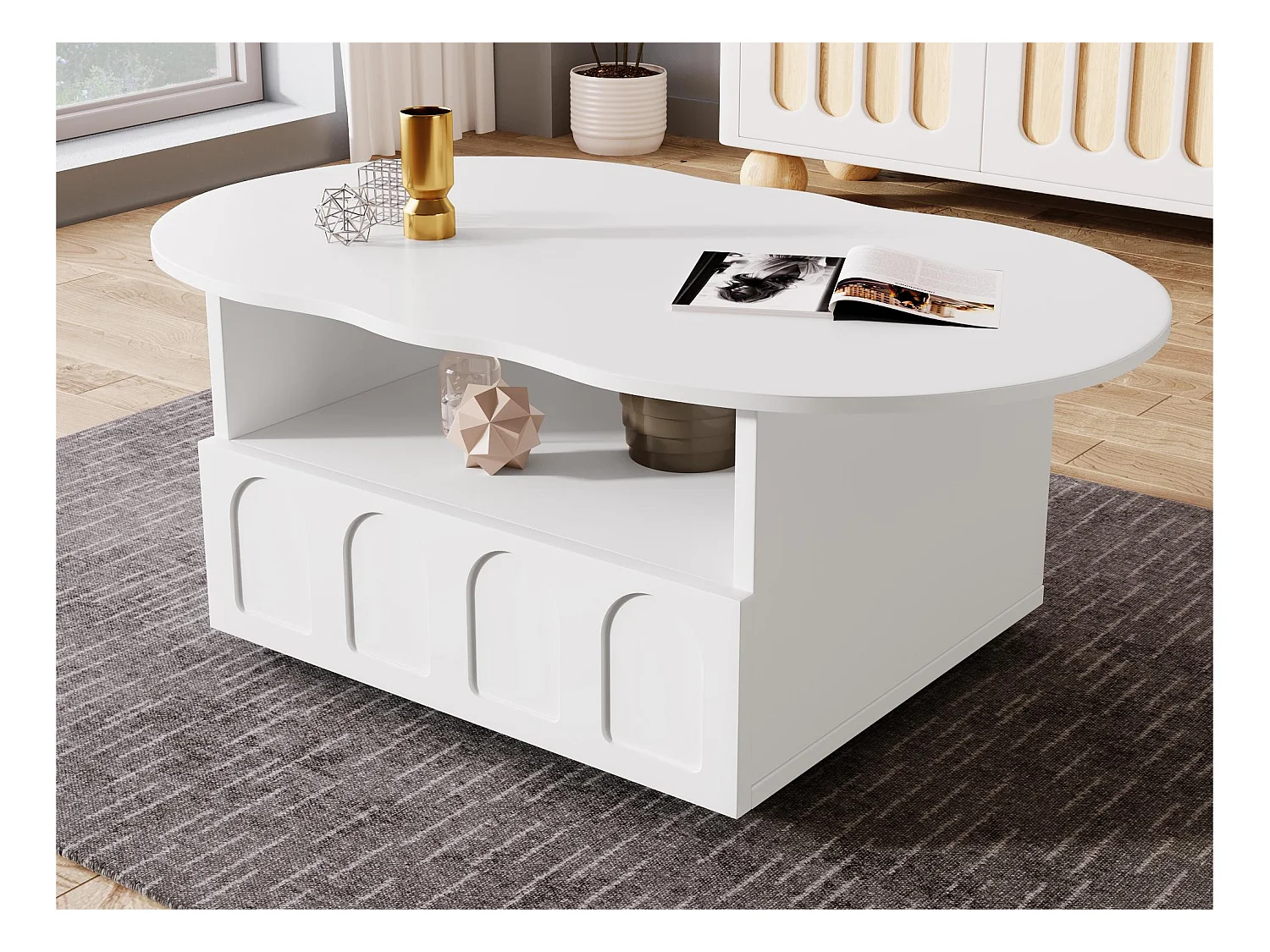 Table basse avec tiroirs et compartiment ouvert - plateau en forme de nuage - Blanc
