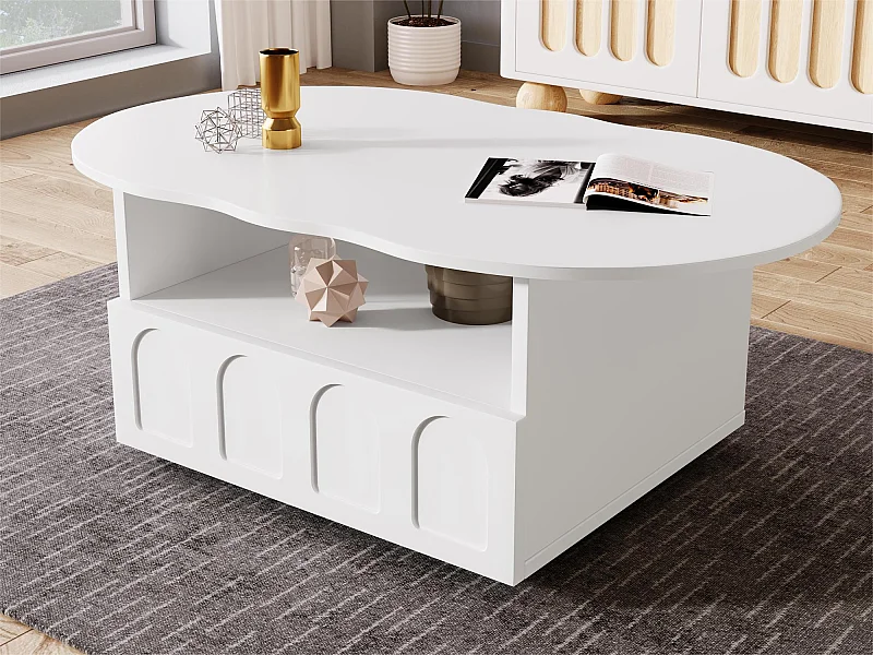 Table basse avec tiroirs et compartiment ouvert - plateau en forme de nuage - Blanc