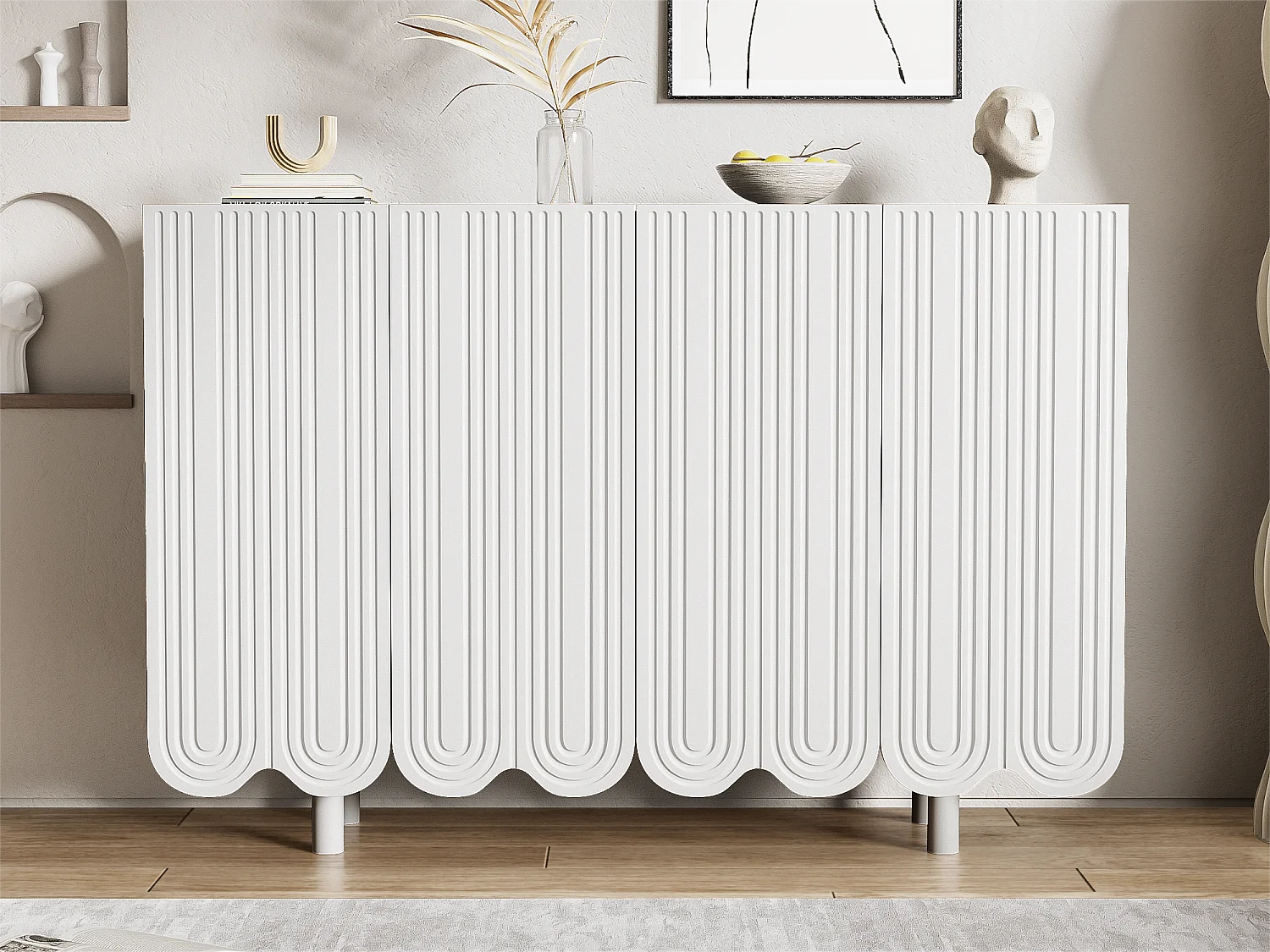 Credenza moderna - 4 ante con motivo a U con ripiani - Nera
