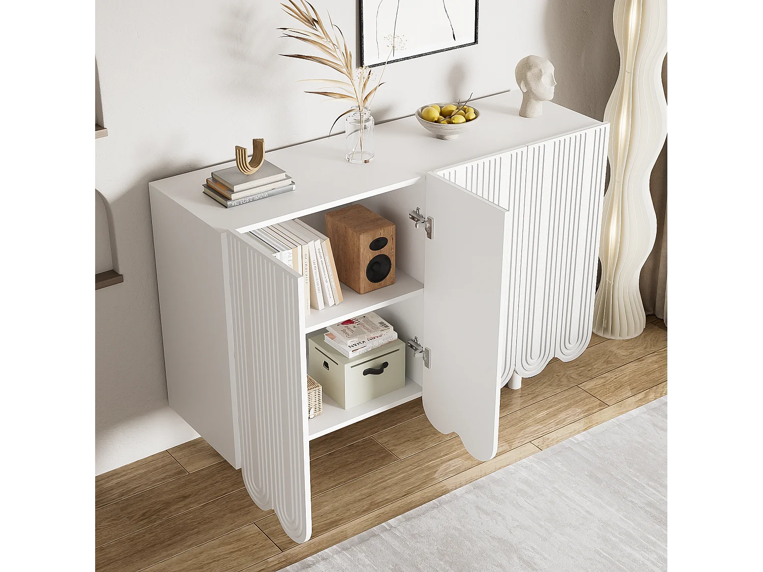 Credenza moderna - 4 ante con motivo a U con ripiani - Nera