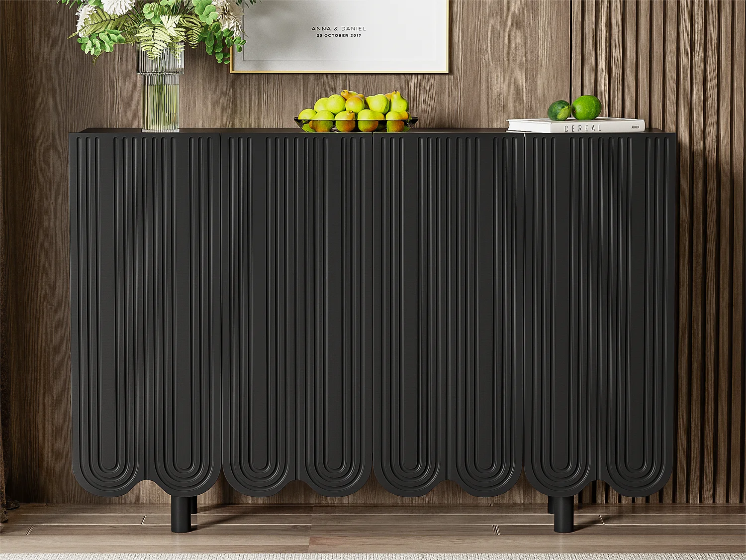 Modernes Sideboard – 4 Türen mit U-Muster und Regalen – Schwarz