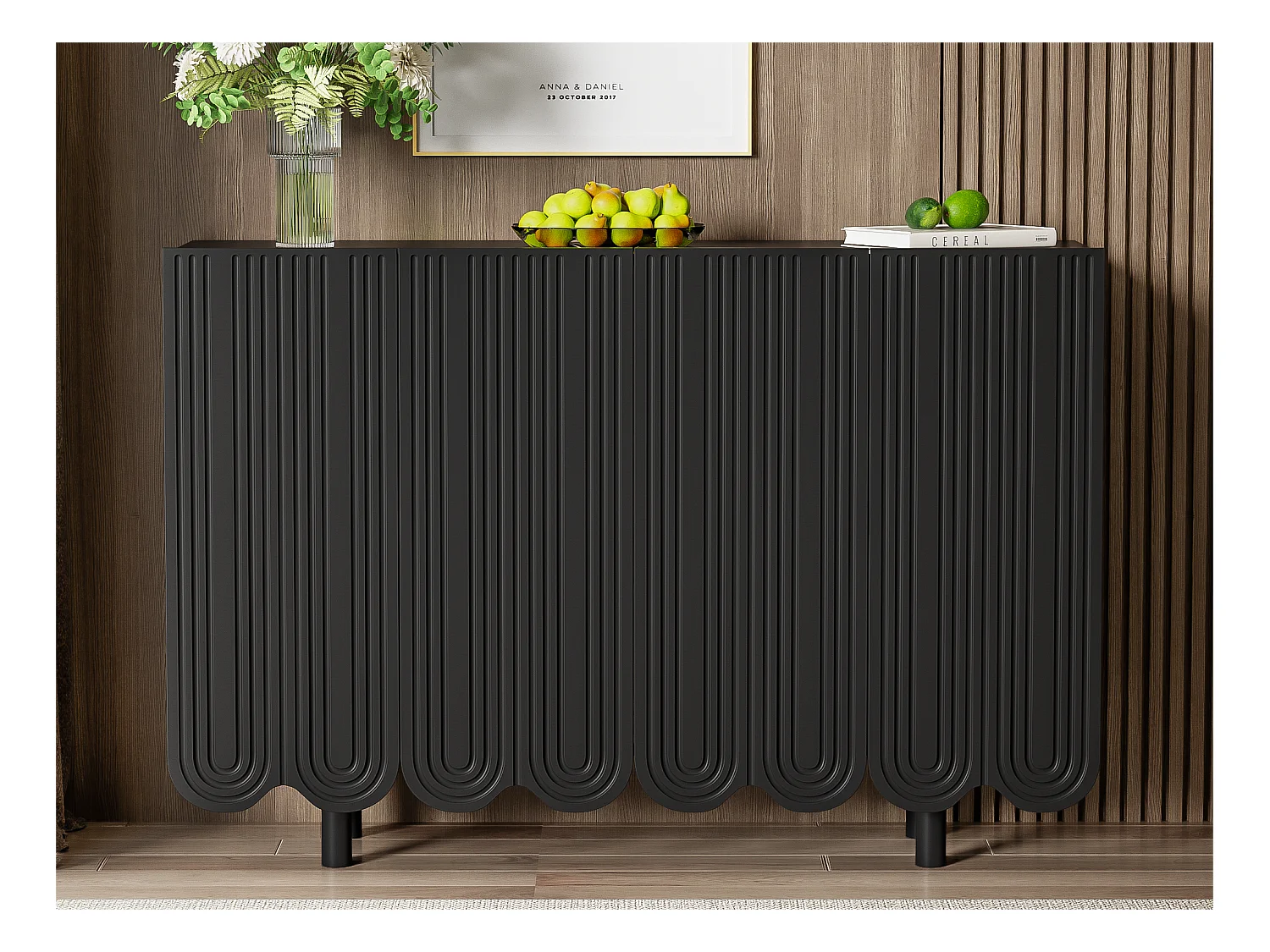 Buffet moderne - 4 portes à motif de U avec étagères - Noir