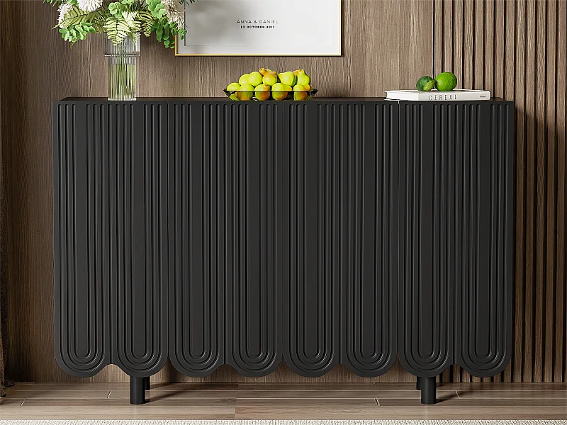 Credenza moderna - 4 ante con motivo a U e ripiani - Nera