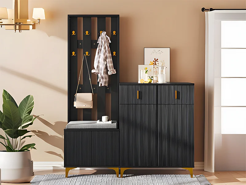 Conjunto de guardarropa - con ganchos, zapatero y taquilla - Negro