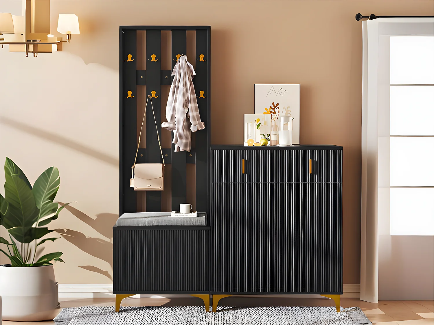 Ensemble vestiaire - avec crochets、banc à chaussures et un casier - Noir