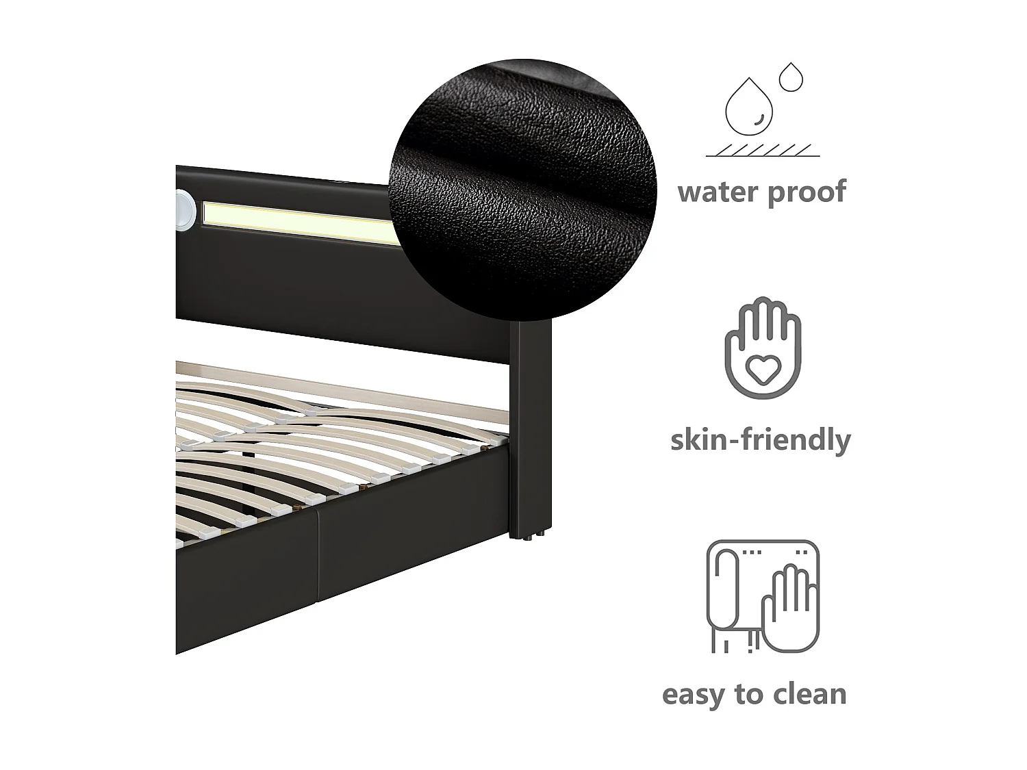 Cama contenedor tapizada en piel sintética de 90x200 cm con LED, reproductor Bluetooth y puertos de carga USB - con somier - Negro