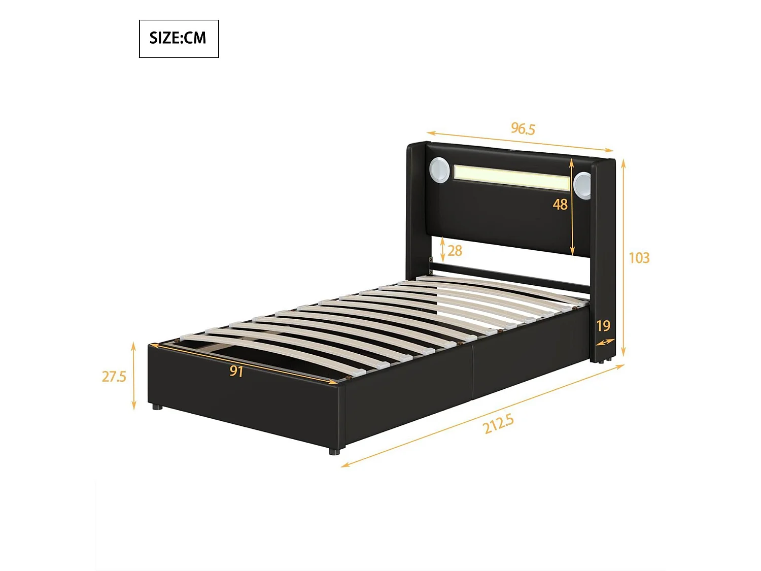 Cama contenedor tapizada en piel sintética de 90x200 cm con LED, reproductor Bluetooth y puertos de carga USB - con somier - Negro