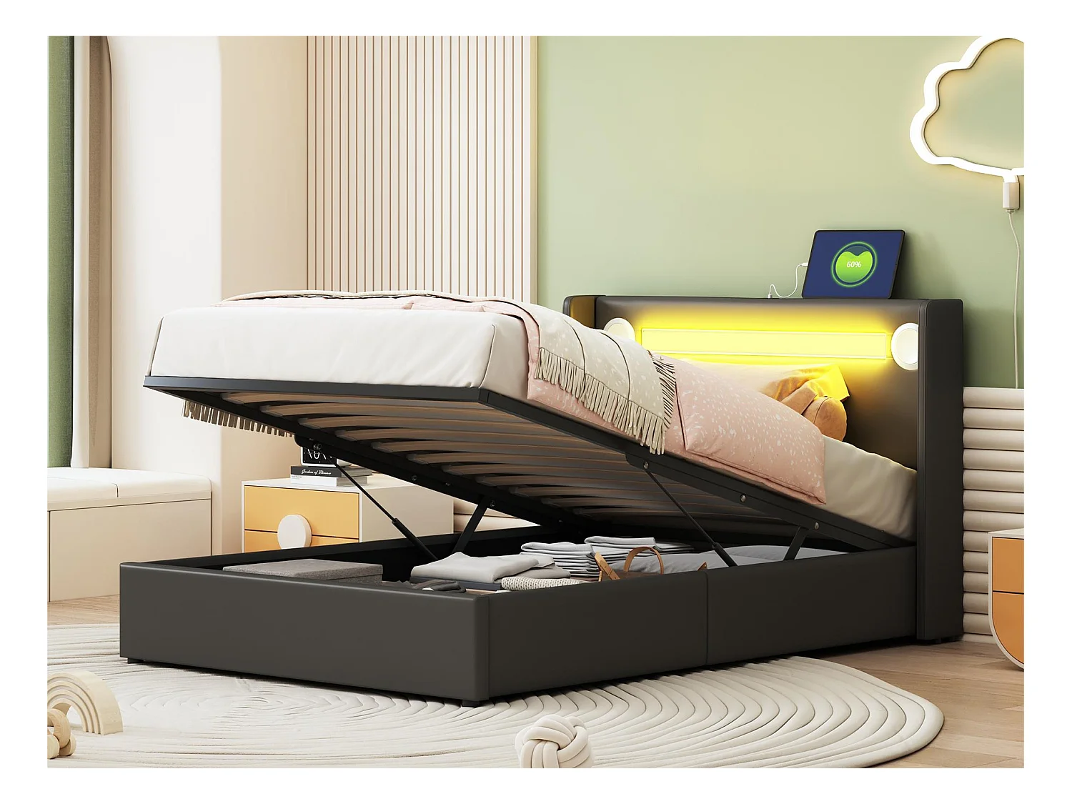 Lit coffre rembourré en similicuir 90x200cm avec LED, lecteur Bluetooth et Ports de charge USB - avec sommier à lattes - Noir