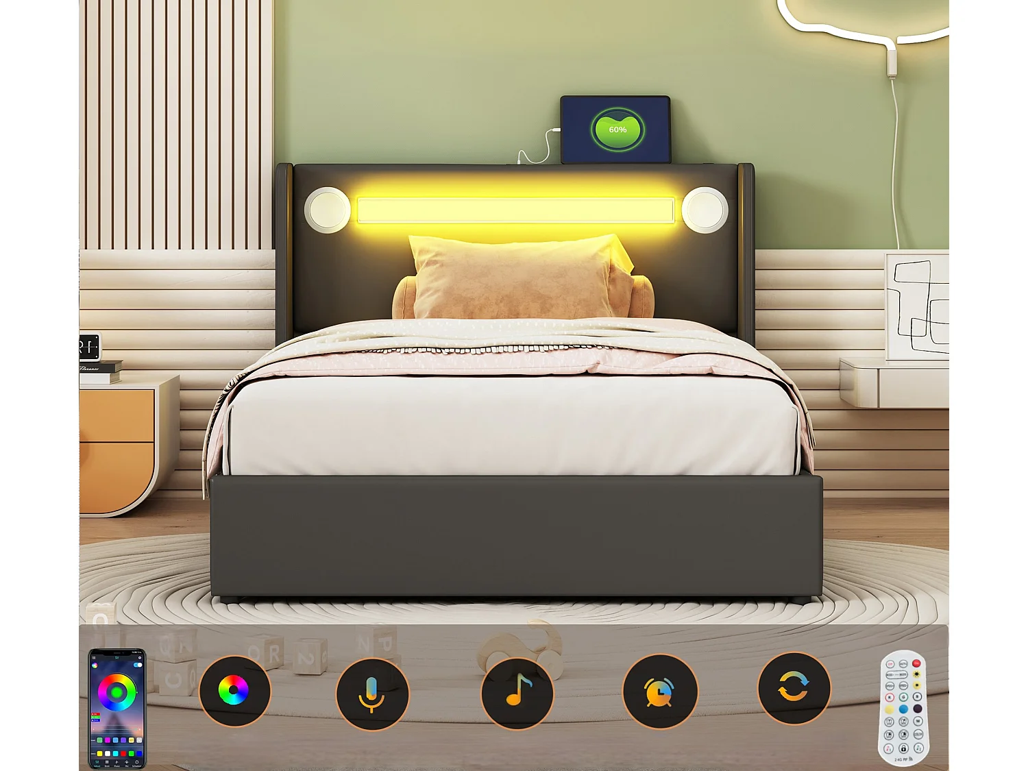 Lit coffre rembourré en similicuir 90x200cm avec LED, lecteur Bluetooth et Ports de charge USB - avec sommier à lattes - Noir