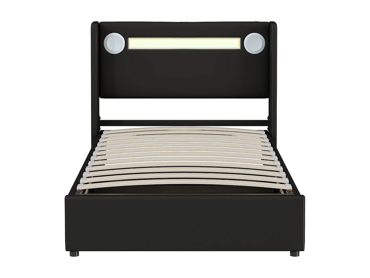 Lit coffre rembourré en similicuir 90x200cm avec LED, lecteur Bluetooth et Ports de charge USB - avec sommier à lattes - Noir