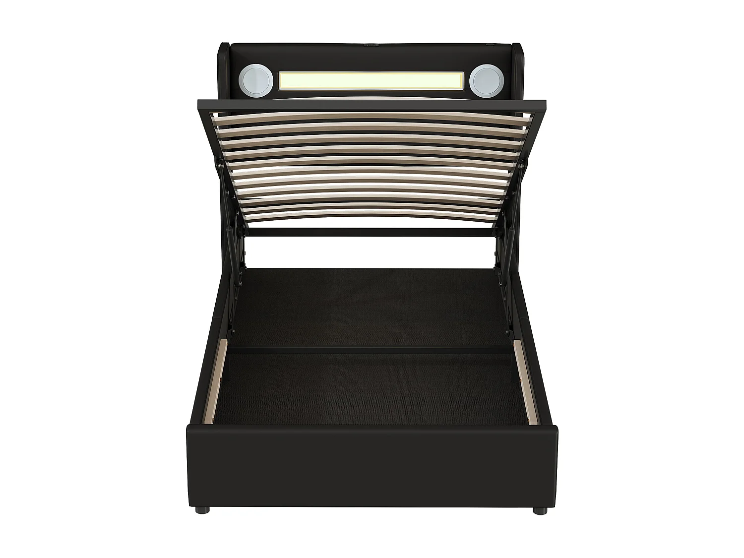 Lit coffre rembourré en similicuir 90x200cm avec LED, lecteur Bluetooth et Ports de charge USB - avec sommier à lattes - Noir