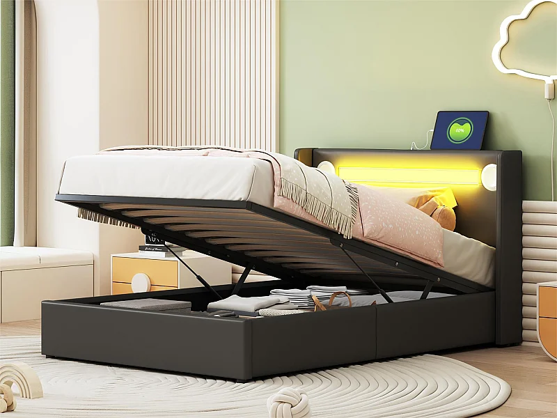 Letto contenitore imbottito in ecopelle 90x200 cm con LED, lettore Bluetooth e porte di ricarica USB - con rete a doghe - Nero