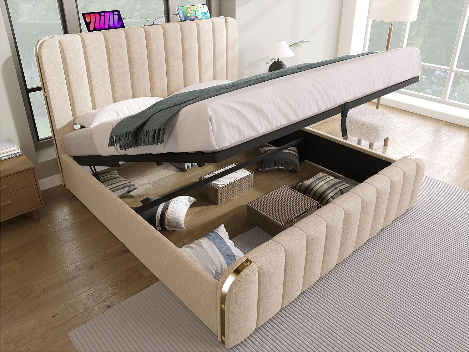 Cama con almacenaje de 140x200 cm en tela de lino - con carga USB y tipo C - decorada con rayas doradas - Beige