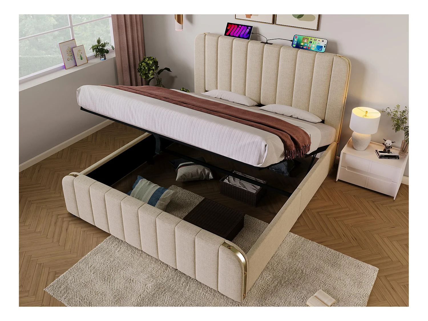 Łóżko z pojemnikiem 160x200cm z tkaniny lnianej - z ładowaniem USB i Type-C - ozdobione złotymi paskami - Beżowe