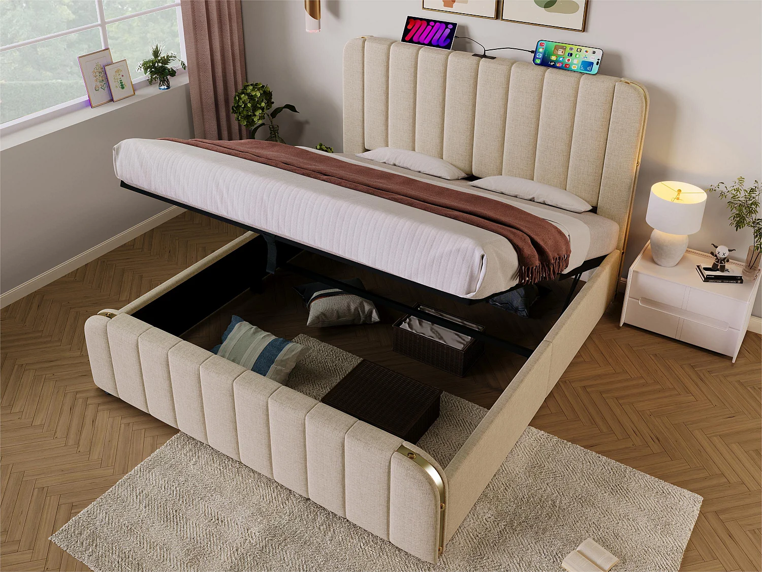 Lit coffre 160x200cm en tissu lin - avec recharge USB & Type-C - décoré de bandes dorées - Beige