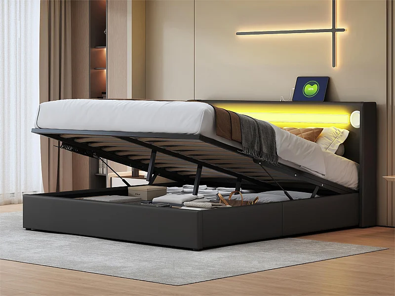 Cama estofada em pele sintética 160x200cm com LED, leitor Bluetooth e portas de carregamento USB - com base de ripas - Preto