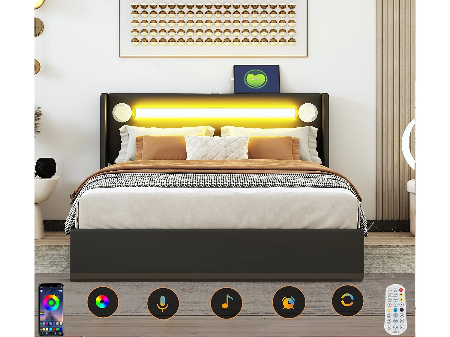 Gepolstertes Stauraumbett aus Kunstleder, 160 x 200 cm, mit LED, Bluetooth-Player und USB-Ladeanschlüssen – mit Lattenrost – Schwarz