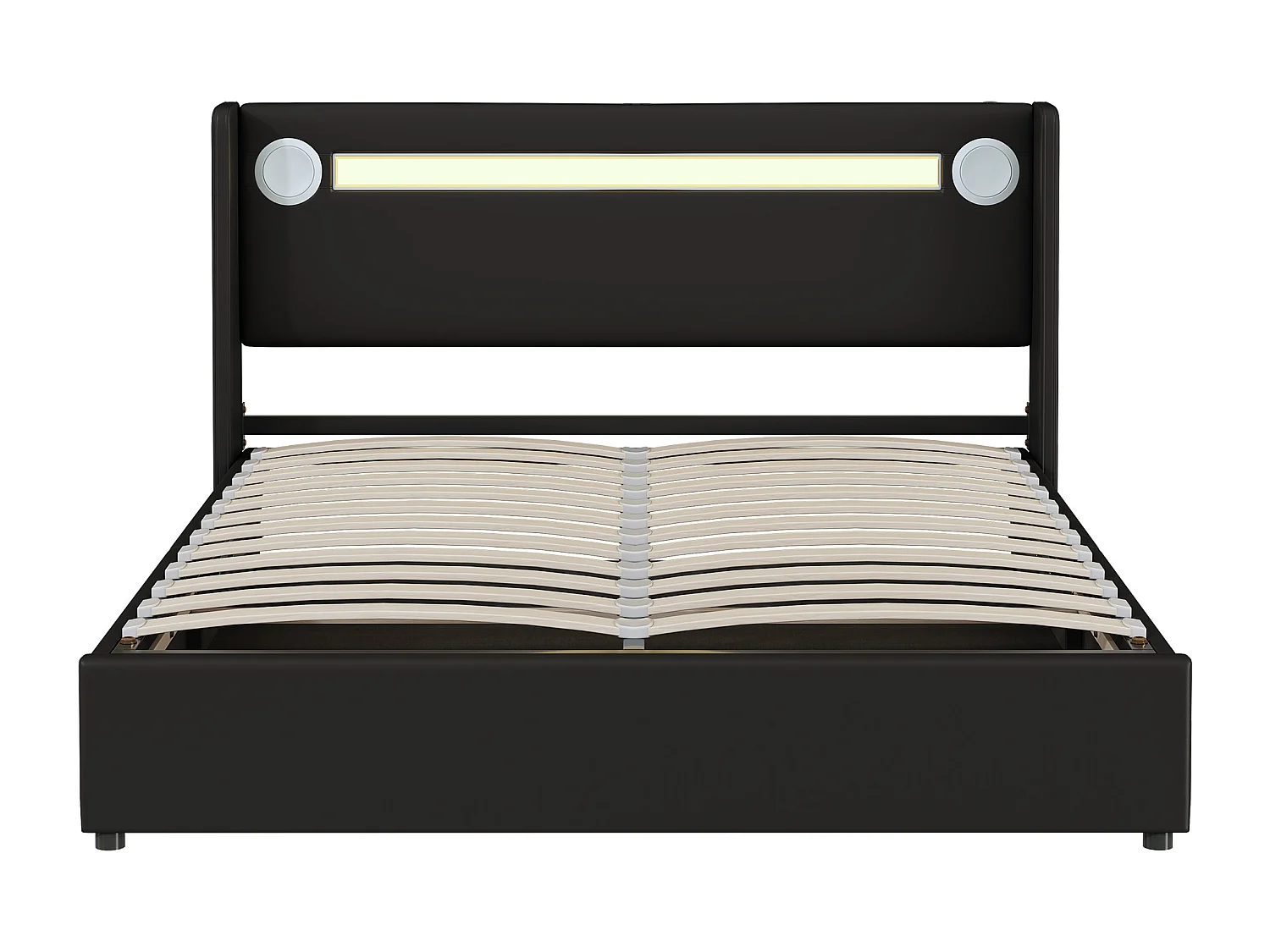 Gepolstertes Stauraumbett aus Kunstleder, 160 x 200 cm, mit LED, Bluetooth-Player und USB-Ladeanschlüssen – mit Lattenrost – Schwarz