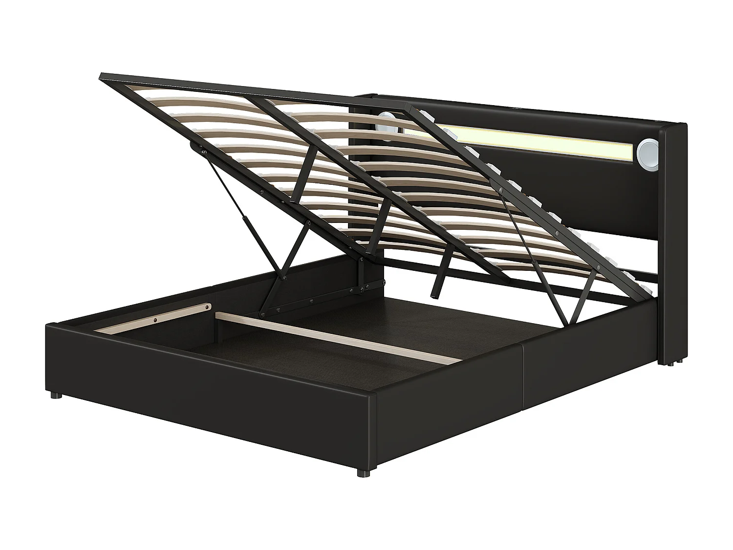 Gepolstertes Stauraumbett aus Kunstleder, 160 x 200 cm, mit LED, Bluetooth-Player und USB-Ladeanschlüssen – mit Lattenrost – Schwarz