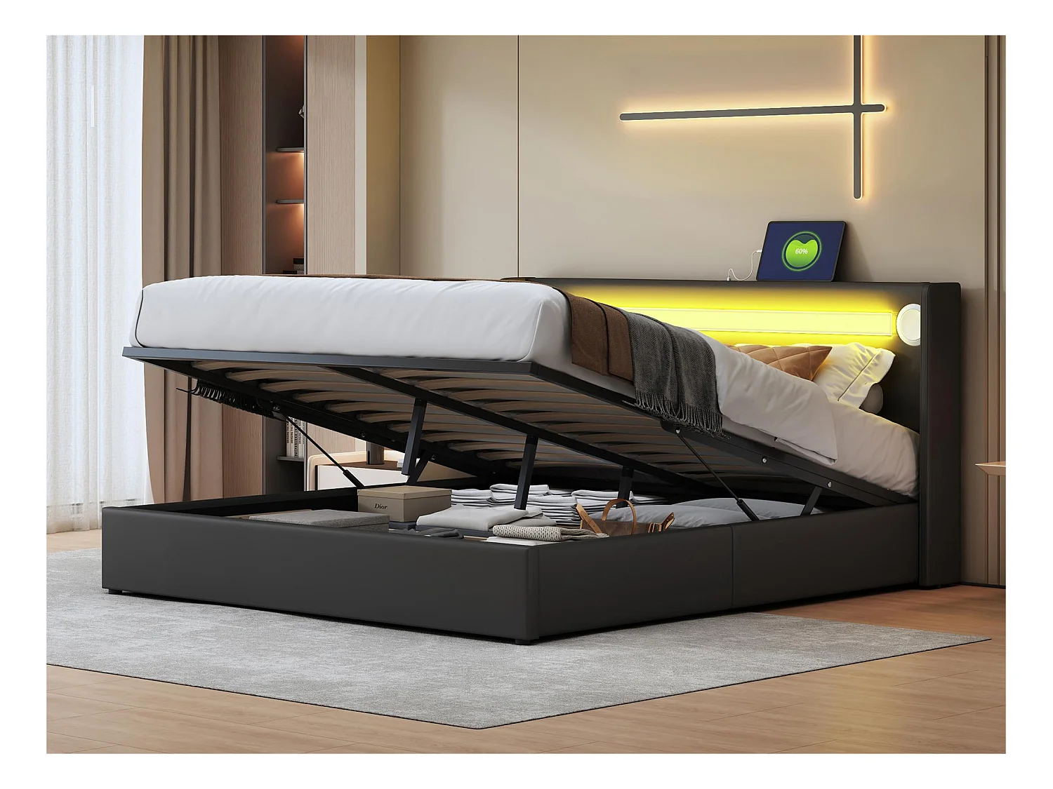 Lit coffre rembourré en similicuir 160x200cm avec LED, lecteur Bluetooth et Ports de charge USB - avec sommier à lattes - Noir