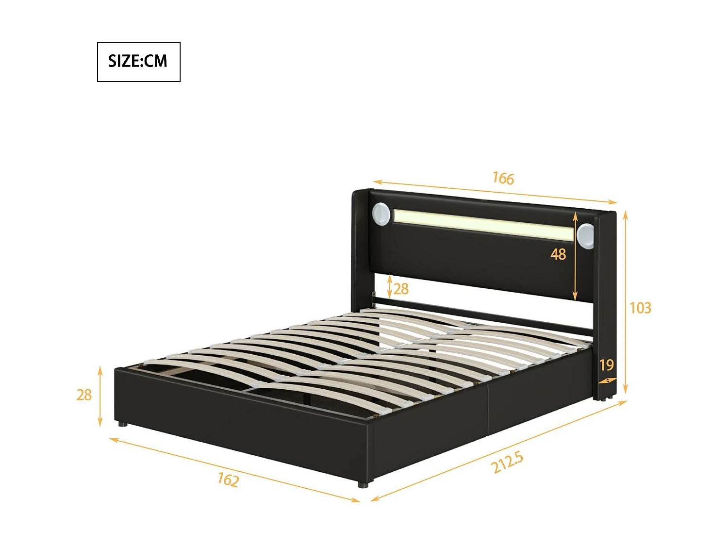 Gestoffeerd kunstleer opbergbed 160x200cm met LED, Bluetooth speler en USB oplaadpoorten - met lattenbodem - Zwart